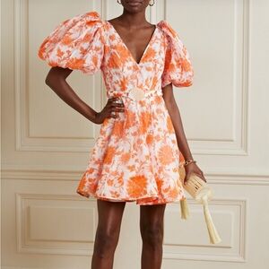 NWT! Zimmermann Postcard Orange and White Belted Puff Sleeve Mini Dress